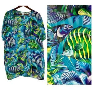 VINTAGE Tropical Sea Life blue sheer cover up short sleeve swim cover medium
